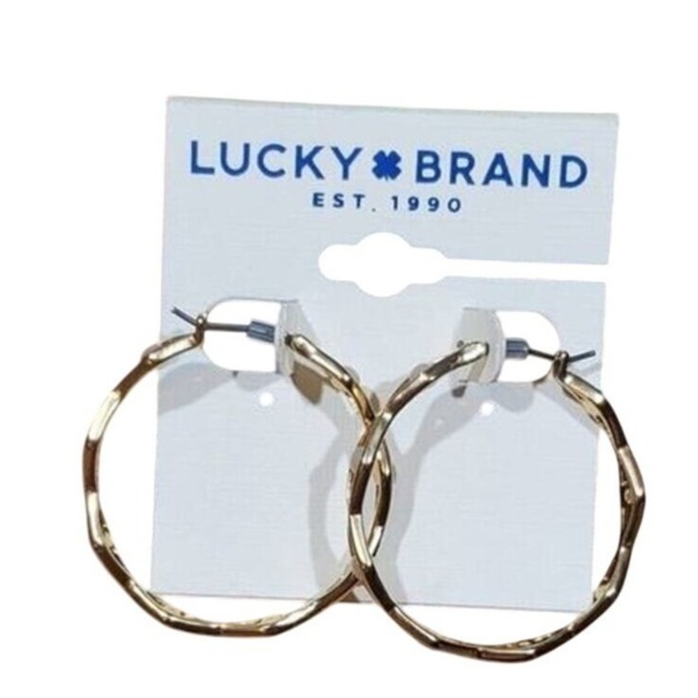 Lucky Brand Gold Tone Wavy Lattice‎ Hoop Earrings with Cream Beads NEW